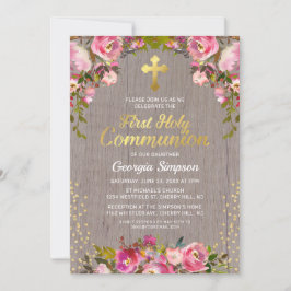 Invitación Primera Comunión Floral Rosa Rústica