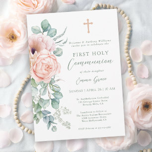Invitación Primera Comunión floral rosa y verde salvia para n