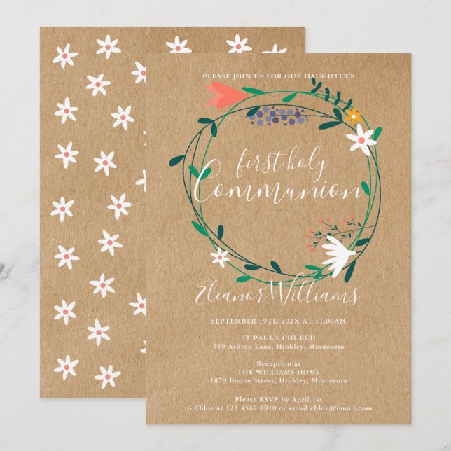 Invitación Primera Comunión Floral Rústico Moderno (Anverso / Reverso)