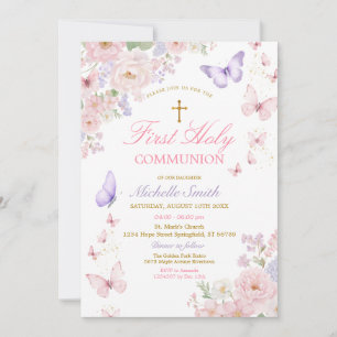 Invitación Primera Comunión Floral Suave de Mariposa