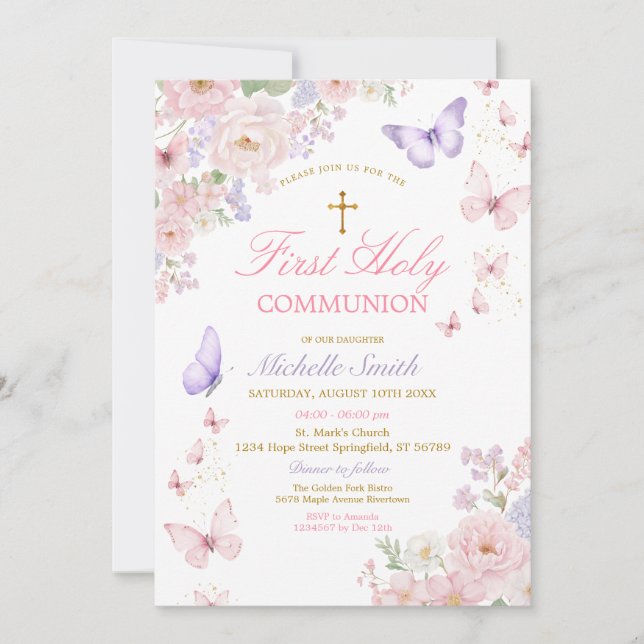Invitación Primera Comunión Floral Suave de Mariposa (Anverso)
