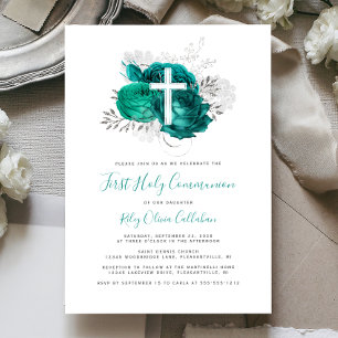 Invitación Primera Comunión Floral Teal Plata Foto