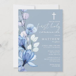 Invitación Primera Comunión floral transparente azul polvorie