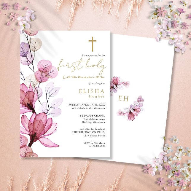 Invitación Primera Comunión Floral Transparente Rosa Polvo (Dusty Rose Transparent Floral First Holy Communion Invitation)