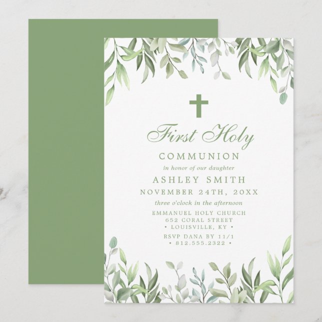 Invitación Primera Comunión Floral Verde Acuarela Rústica (Anverso / Reverso)