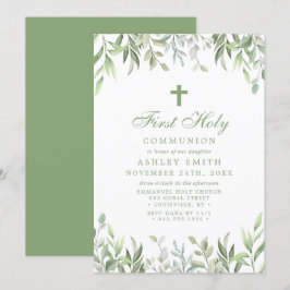 Invitación Primera Comunión Floral Verde Acuarela Rústica