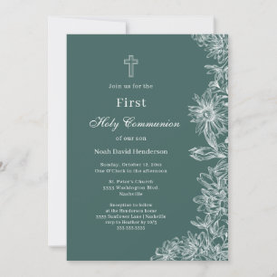 Invitación Primera Comunión Floral Verde Elegante