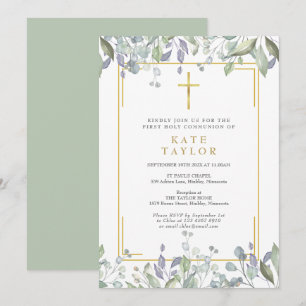 Invitación Primera Comunión Floral Verdor Cruz Dorada