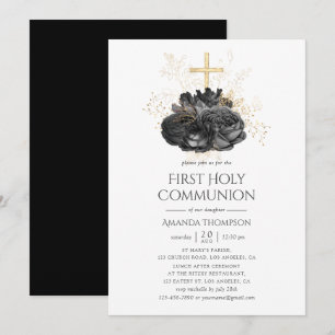 Invitación Primera Comunión Floral Vintage Negro y Dorado