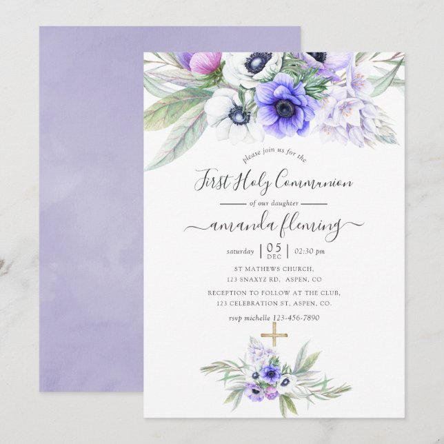 Invitación Primera Comunión Floral Violeta Pastel (Anverso / Reverso)