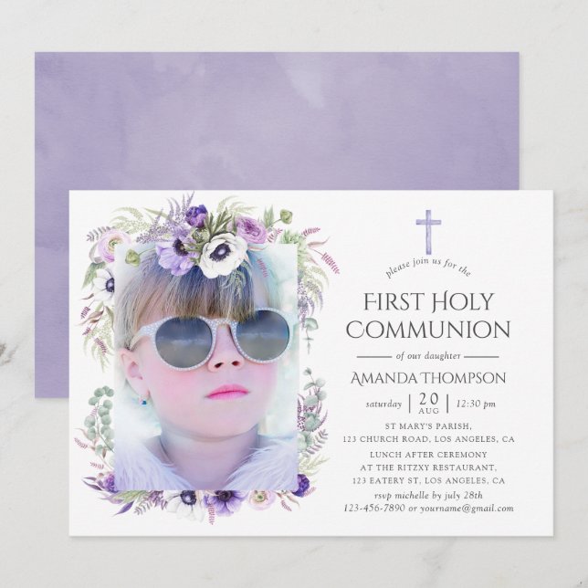 Invitación Primera Comunión Floral Violeta Polvoriento (Anverso / Reverso)