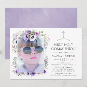 Invitación Primera Comunión Floral Violeta Polvoriento