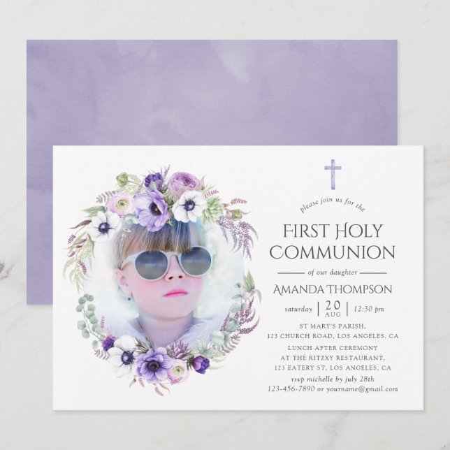 Invitación Primera Comunión Floral Violeta Polvoriento (Anverso / Reverso)
