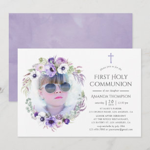 Invitación Primera Comunión Floral Violeta Polvoriento