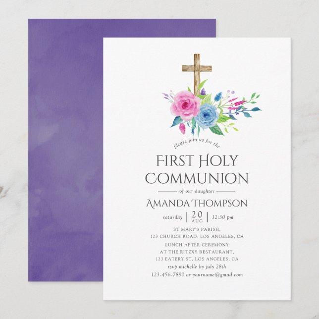 Invitación Primera Comunión Floral Violeta Ultra (Anverso / Reverso)