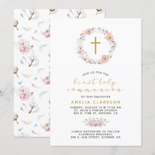 Invitación Primera Comunión Floral y Algodón Delicada