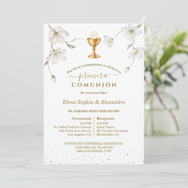 Invitación Primera Comunión Flores y Cáliz Primera Comunión (Anverso de pie)