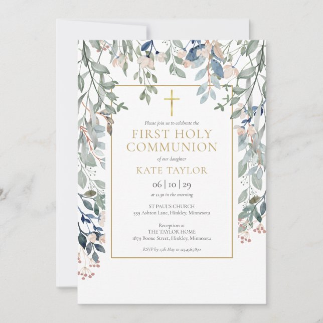 Invitación Primera Comunión Foliaje Floral (Anverso)