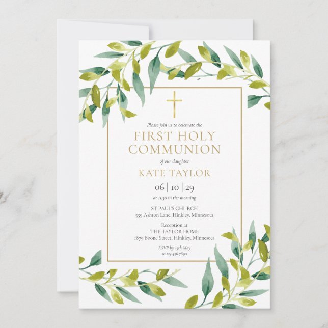 Invitación Primera Comunión Foliaje Verde (Anverso)