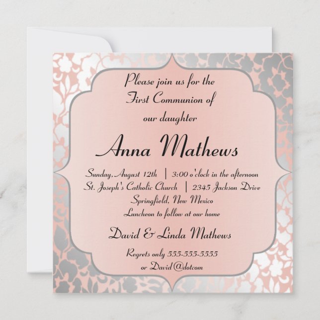 Invitación Primera Comunión Formal Metálica de Peach Floral (Anverso)