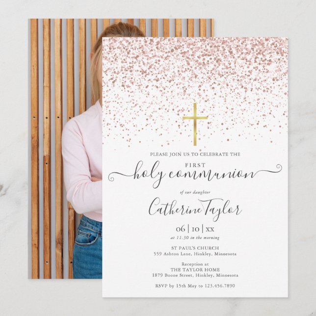 Invitación Primera Comunión Foto Brillo Rosa Dorado (Anverso / Reverso)