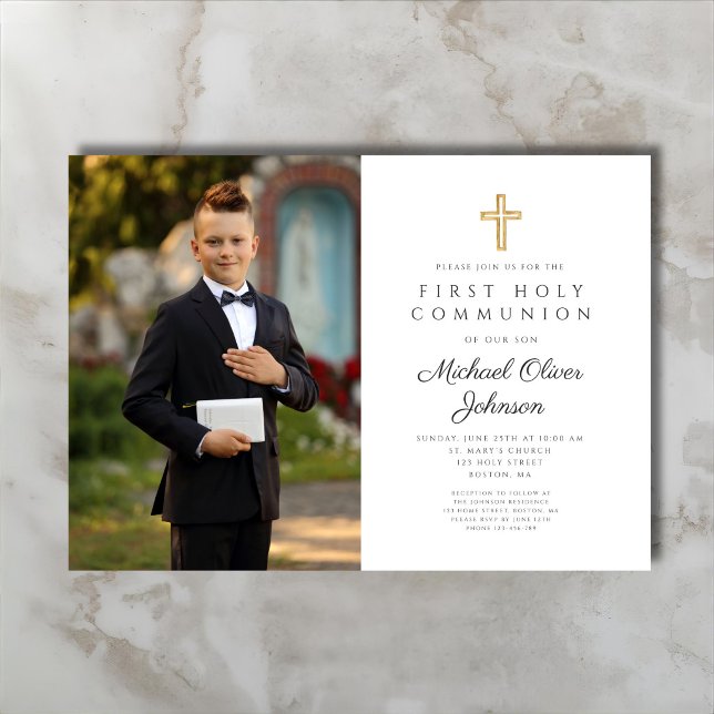 Invitación Primera Comunión Foto Cruz Elegante  (Elegant Cross Photo First Communion Invitation)