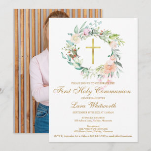 Invitación Primera Comunión Foto Floral Acuarela Dorada