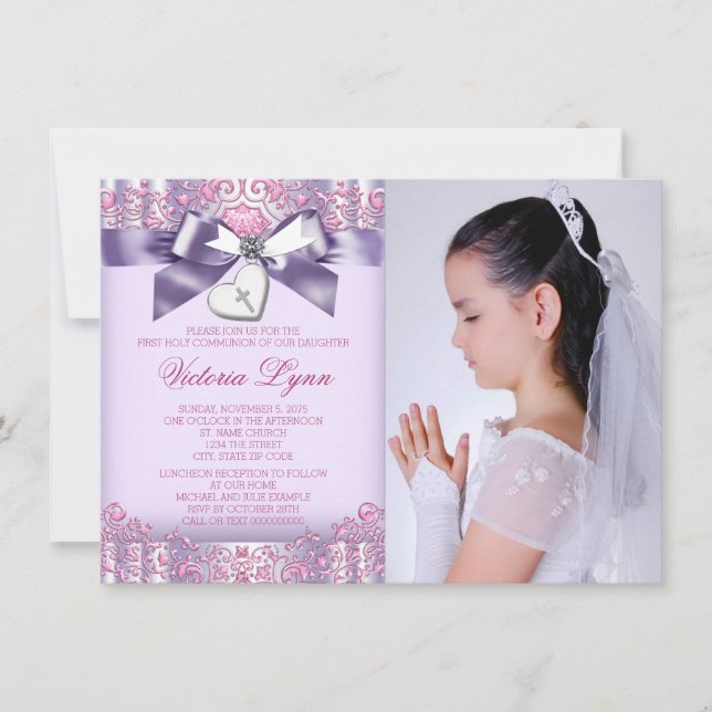 Invitación Primera Comunión Foto Rosa Lavanda (Anverso)