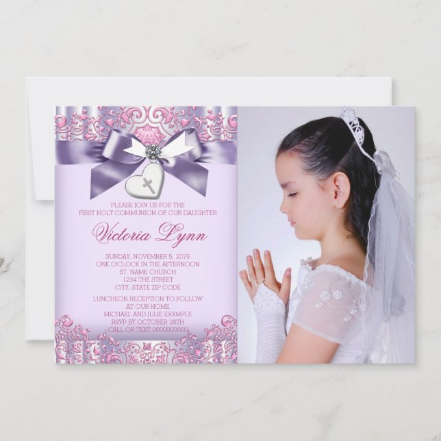 Invitación Primera Comunión Foto Rosa Lavanda (Anverso)