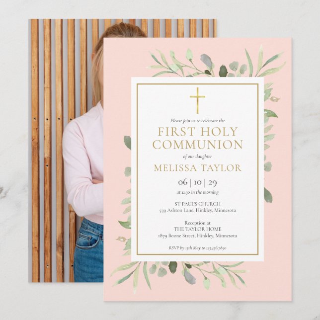 Invitación Primera Comunión Foto Verde Rosa Rubor (Anverso / Reverso)