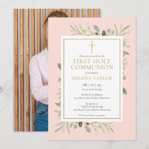 Invitación Primera Comunión Foto Verde Rosa Rubor