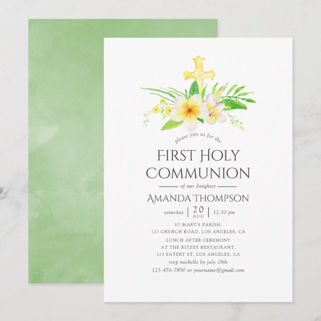 Invitación Primera Comunión Frangipani Acuarela (Anverso / Reverso)