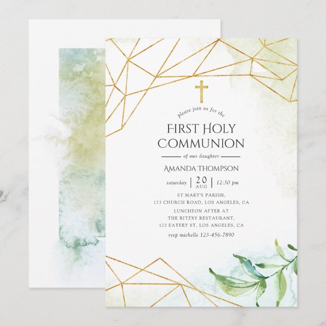 Invitación Primera Comunión Geométrica Acuarela (Anverso / Reverso)