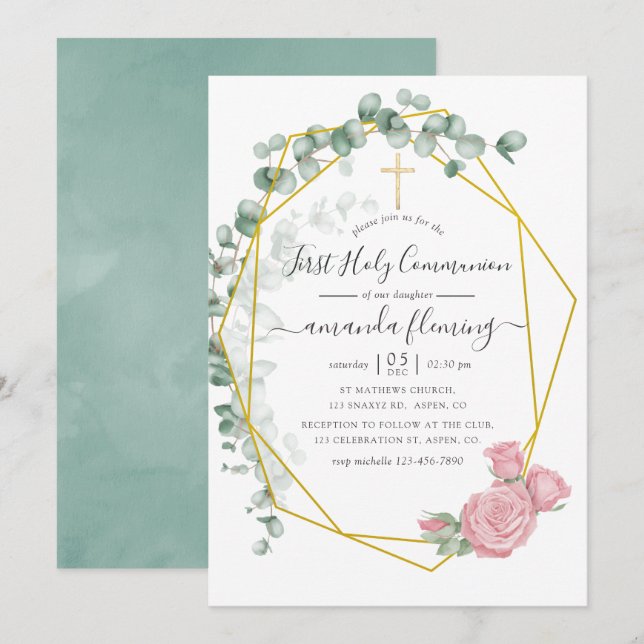 Invitación Primera Comunión Geométrica de Eucalipto Rosa (Anverso / Reverso)