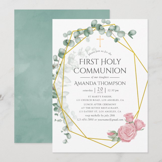 Invitación Primera Comunión Geométrica de Eucalipto y Rosa (Anverso / Reverso)