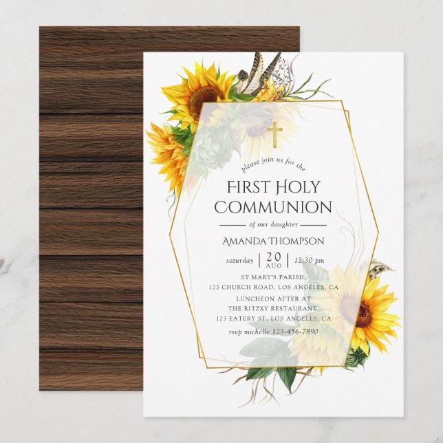 Invitación Primera Comunión Geométrica Rústica de Girasoles (Anverso / Reverso)