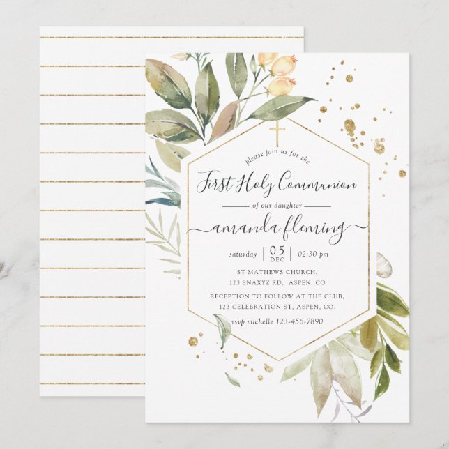 Invitación Primera Comunión Geométrica Serenidad Verde (Anverso / Reverso)