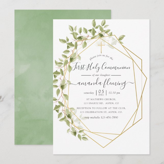Invitación Primera Comunión Geométrica Verde Acuarela (Anverso / Reverso)
