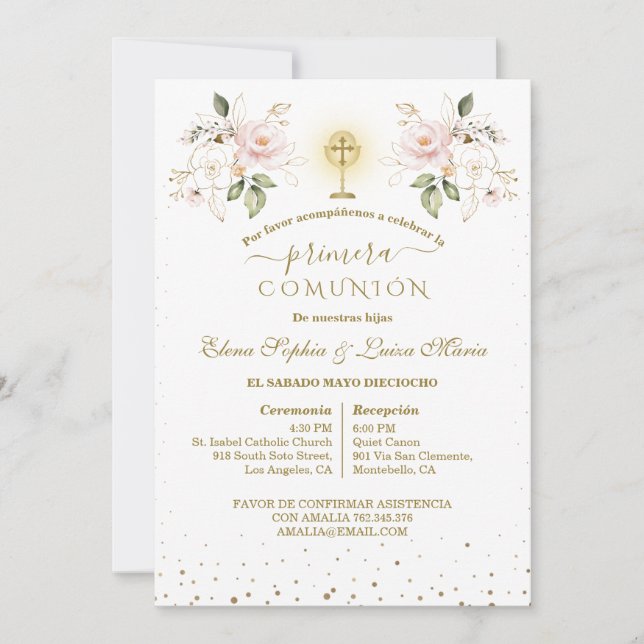 Invitación Primera Comunión Girls Twins First Holy Communion  (Anverso)