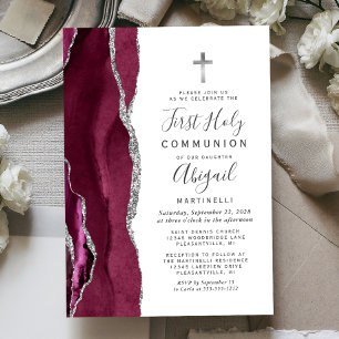 Invitación Primera Comunión Glitter Plata Ágata Borgoña