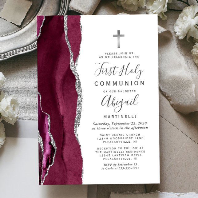 Invitación Primera Comunión Glitter Plata Ágata Borgoña (Subido por el creador)