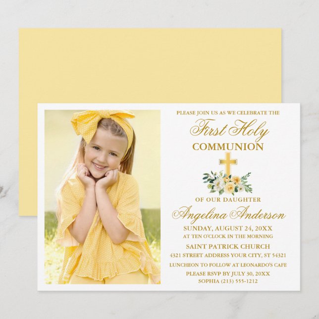 Invitación Primera Comunión Gold acuarela amarillo floral (Anverso / Reverso)