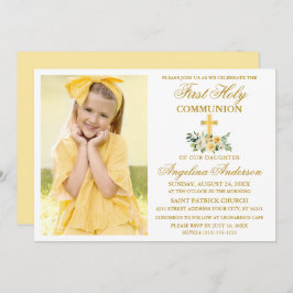 Invitación Primera Comunión Gold acuarela amarillo floral