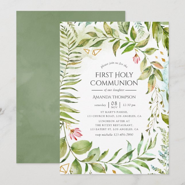 Invitación Primera Comunión Greenery Cristal Geométrico (Anverso / Reverso)