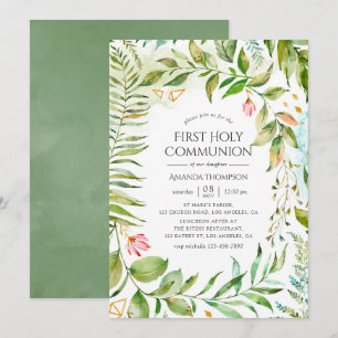 Invitación Primera Comunión Greenery Cristal Geométrico