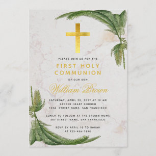 Invitación Primera Comunión Helechos Verdura Cruz Dorada Márm