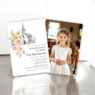 Invitación Primera Comunión Iglesia Floral Acuarela