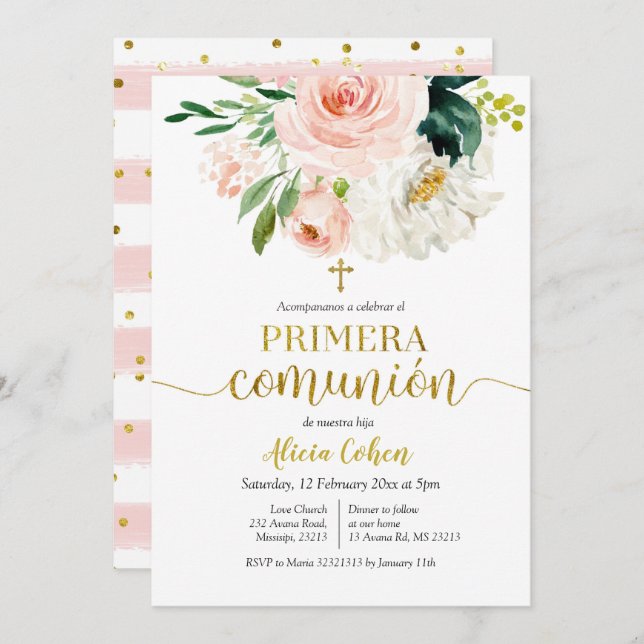Invitación Primera comunión invitada de color rosa (Anverso / Reverso)