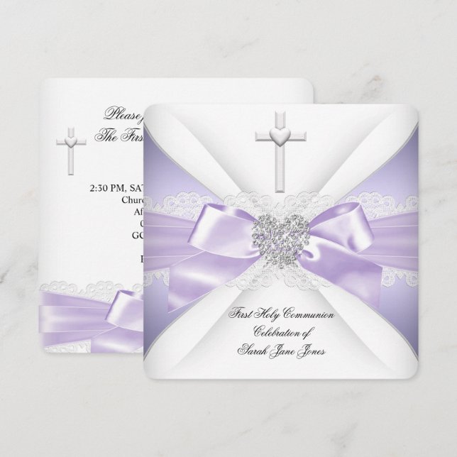 Invitación Primera Comunión Lavanda Corazón de Plata Niña (Anverso / Reverso)