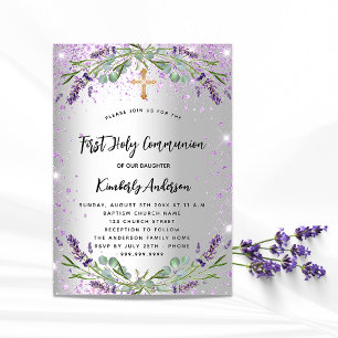 Invitación Primera comunión lavanda plata chispas violeta